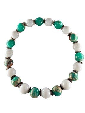 8mm Natural Green Imperial Jasper Tridacna Stretch Bracelet Silver Bead Gift